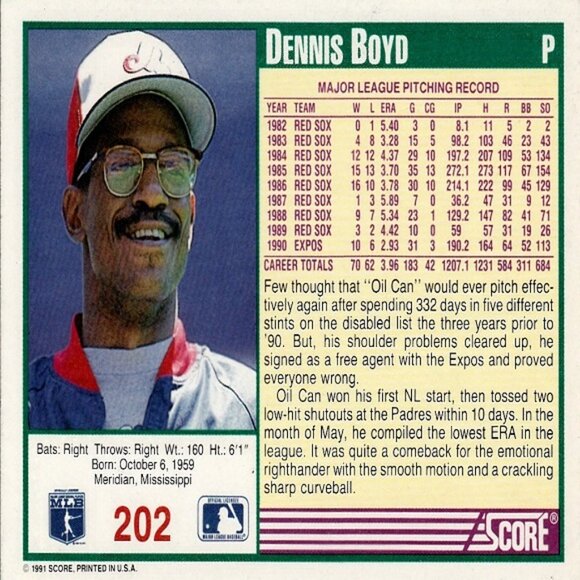 Dennis Boyd (Montreal Expos) 1991 Score '91 MLB Series Card - Card Number 202 - Picture 2 of 2
